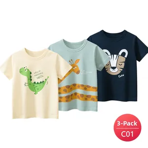 Flat lay of a 3-pack cotton t-shirt set for boys with cute cartoon animal prints