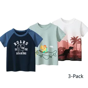 Three-pack cotton short sleeve t-shirts featuring various colorful dinosaur prints