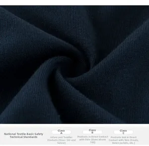 Detail of navy knit fabric showing Class A infant safety textile standard standards