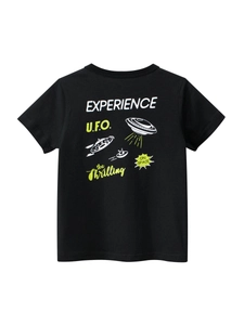 Kids black cotton T-shirt with UFO graphic print, American street style short sleeve tee