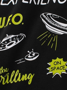 Kids' black cotton T-shirt with neon UFO space print and 'EXPERIENCE' text detail