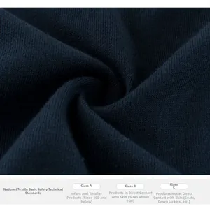 Detail of navy blue soft knitted cotton fabric showing high-density safety standards
