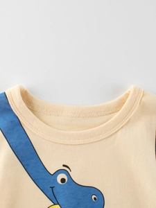 Kids yellow cotton t-shirt with blue dinosaur print and double-stitched crew neck detail