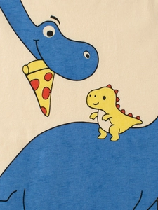 Kids cotton t-shirt featuring a cute blue dinosaur eating pizza and yellow companion