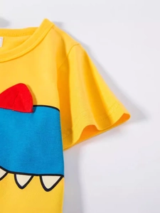 T-shirt jaune en coton pour garçon avec cornes rouges en 3D et motif graphique cartoon