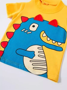 T-shirt jaune pour enfants avec motif dinosaure bleu en 3D et col rond confortable