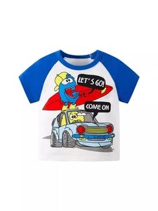 T-shirt raglan blanc et bleu pour garçons avec imprimé monstre de dessin animé et voiture