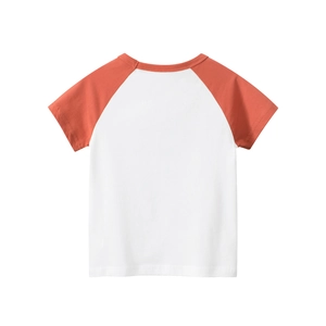 Detailed view of kids' raglan short sleeve T-shirt with contrast red stitching and cotton fabric