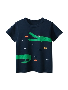 Korean Style Boys Cotton Short Sleeve T-Shirt Cartoon Crocodile Fish Print Summer Casual Round Neck Top For Kids Toddlers