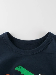 Dark blue cotton t-shirt for boys featuring a ribbed crew neck and cartoon dinosaur print