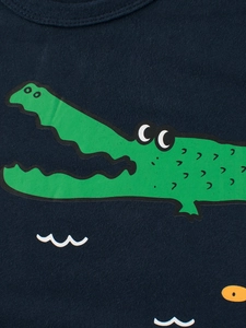 Dark blue cotton t-shirt for boys with a green cartoon crocodile print and wave pattern