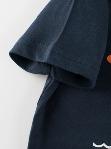 Kids navy blue cotton short sleeve T-shirt with orange dots and premium stitching