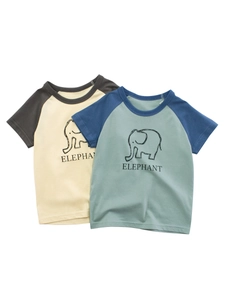 T-Shirt à Manches Courtes Raglan pour Garçons Imprimé Éléphant 100% Coton Décontracté Col Rond Été Enfant