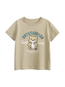 Kids Boys Cartoon Bear Print Short Sleeve T-Shirt 100% Cotton Soft Casual Round Neck Khaki Top For Toddlers Summer Clothing
