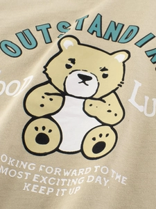 Boy's khaki cotton T-shirt featuring a cute cartoon bear print and text pattern