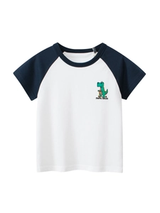 Boys 100% Cotton Short Sleeve T-Shirt Cartoon Dinosaur Raglan Sleeve Crew Neck Summer Casual Top For Kids