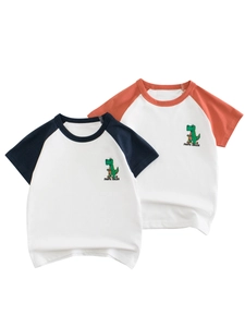 Kids cotton short sleeve raglan T-shirts featuring cartoon dinosaur and Skate Racer print