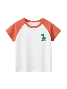 Kids cotton raglan t-shirt featuring a green cartoon dinosaur on a scooter and orange sleeves