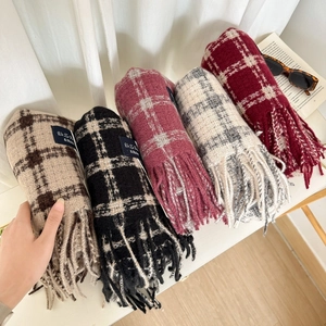 Plaid cashmere-like scarves in five colors with fringe edges for autumn winter fashion