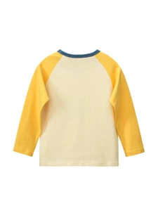 T-shirt bimbo dinosauro a maniche raglan in cotone beige e giallo senape acceso