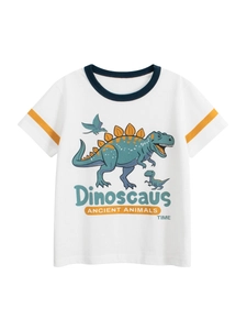 T-Shirt Garçon Manches Courtes Coton Dessin Animé Dinosaure Imprimé Couleur Contraste Col Rond Hauts D'été Pour Enfants