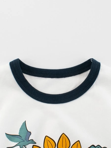 T-shirt blanc pour garçon avec col rond bleu et imprimé coloré de dinosaure oiseau
