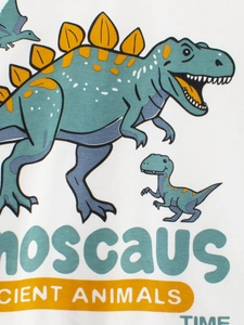 Gros plan d'un t-shirt enfant blanc avec motifs de dinosaures colorés et lettrage