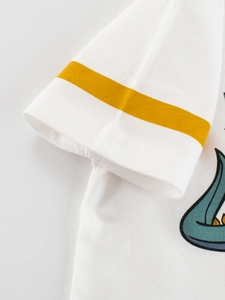 T-shirt blanc en coton pour garçon avec motif dinosaure vert et rayure jaune au bras