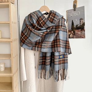 Écharpe épaisse à carreaux et glands gris bleu et marron, châle d'hiver pour femme