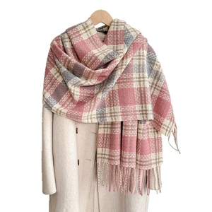 Pink and grey plaid cashmere-feel scarf with fringes on beige coat, winter warm style