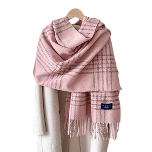 Classic British plaid cashmere-feel scarf in pink with long tassels and thick warm fabric