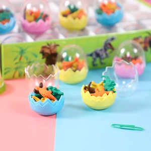 Creative dinosaur egg erasers set with colorful miniature dinosaur figures in shells