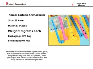 Detailed view of cartoon giraffe plastic rulers showing dimensions and various animal shapes
