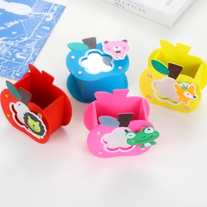 Set of 4 apple-shaped wooden desk organizers with cute animal patterns for kids