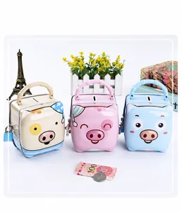 Three colorful piggy metal piggy banks with handle and secure padlock for kids