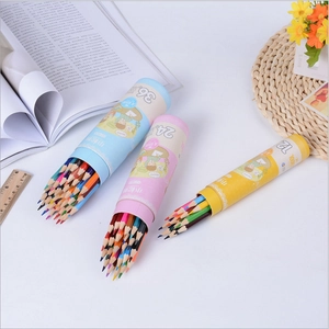 Minimalist wooden colored pencil set in cylindrical eco-friendly paper packaging tubes