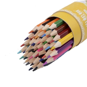 36-color set of sharpened wooden colored pencils in a yellow cylindrical paper storage tube
