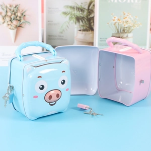 Hucha creativa de cerdito de metal con asa y cierre en rosa y azul para niños