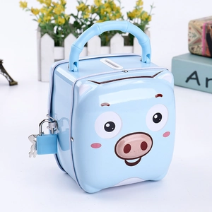 Hucha de metal azul para niños con cara de cerdo asa y candado de seguridad con llaves