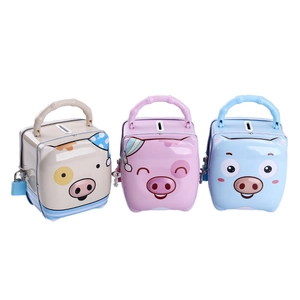Set de huchas de cerdito de metal con cerradura para niños en color beige rosa y azul