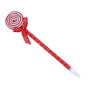 Creative lollipop ballpoint pen with red spiral candy top and polka dot ribbon bow