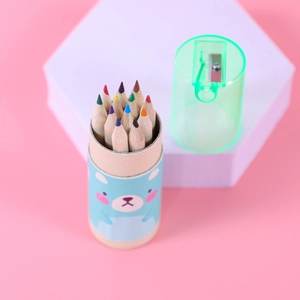 Mini 12-color pencil set in bear cartoon tube with built-in sharpener cap