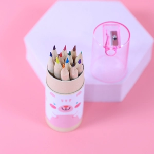 12-color mini colored pencil set in bear paper tube with built-in sharpener on lid