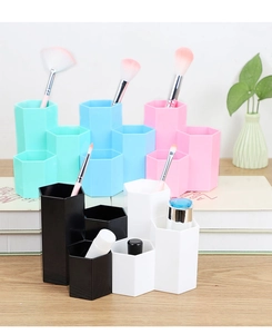 Three-level hexagonal organizers for makeup brushes and stationery in five assorted colors
