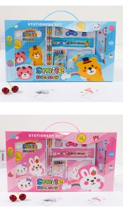 Blue and pink cartoon stationery set with notebook, pencils and ruler for school kids