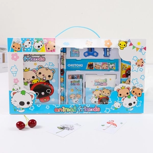 Animal friends themed kids stationery set with pencils and notebook in a blue gift box