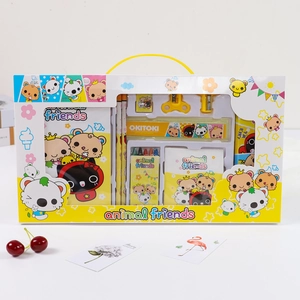 Cartoon animal stationery set for kids featuring pencils, notebook and crayons in a yellow box