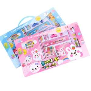 Cartoon stationery gift set for students including pencil, ruler, and crayons in carry box