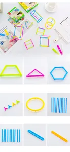 Educational geometric building blocks set showing colorful rods and connectors parts