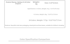 Detailed size chart showing dimensions and weight for 8 to 24 color children's wax crayons